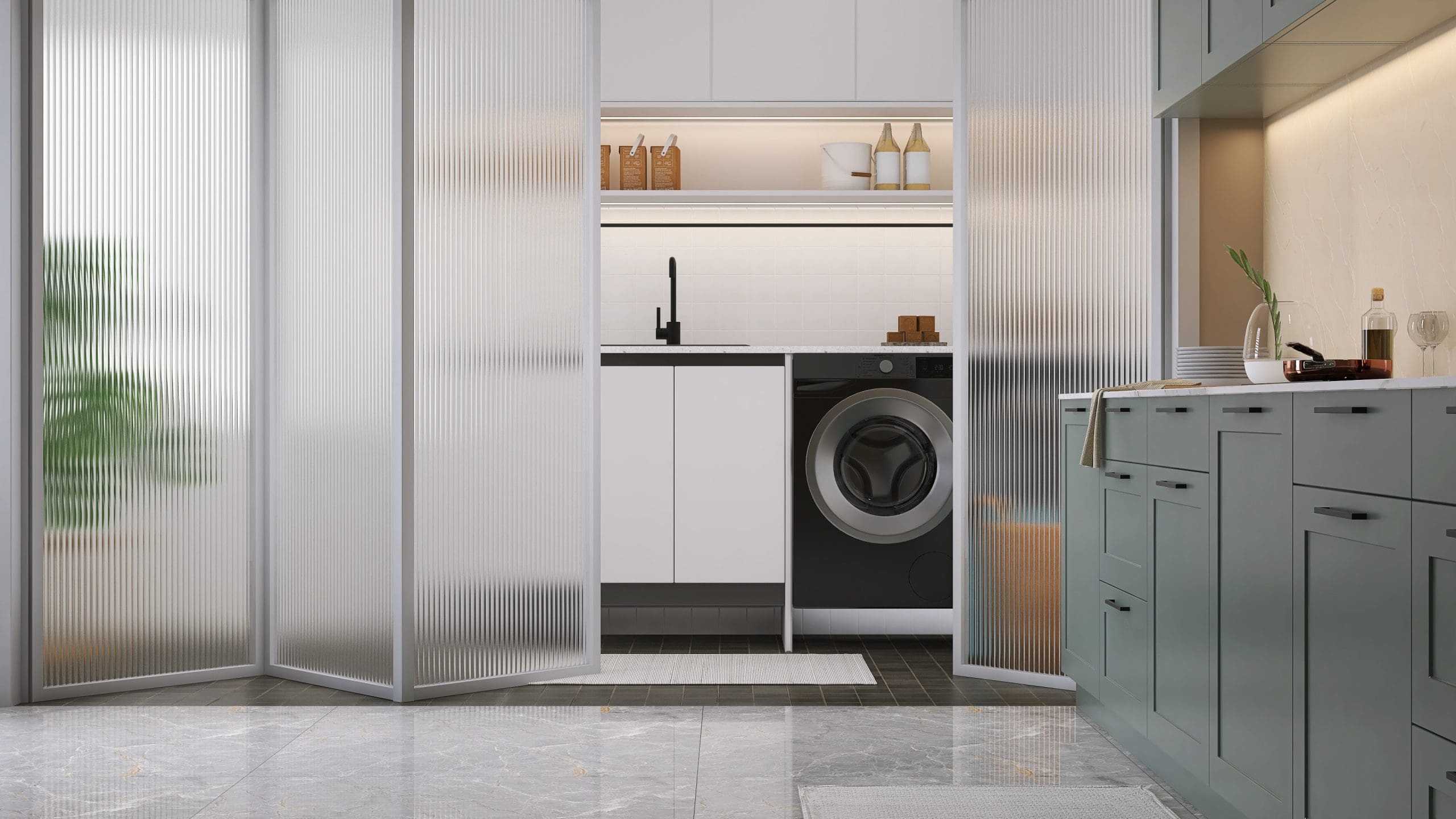 Textured and frosted folding doors in front of laundry space